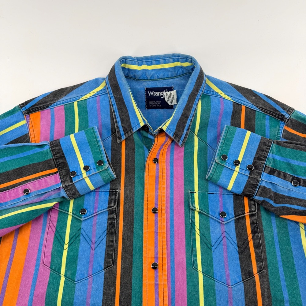 Wrangler Vintage 90s Western Snap Brushstopper Striped Shirt 16x34 Multi Color
